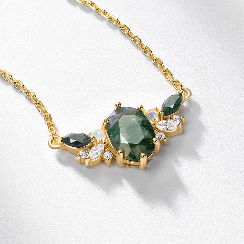 Vintage 6x8mm Oval Cut Moss Agate Neckalce Pendant Cluster Opal Jewelry