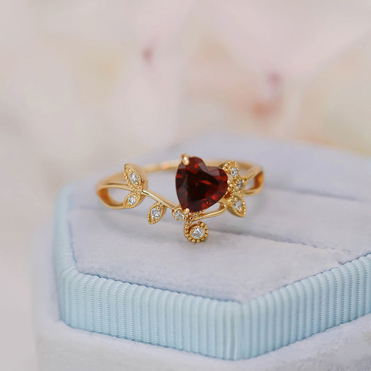 Nature Inspired Heart Garnet Engagement Ring with Leaf & Vine Accents