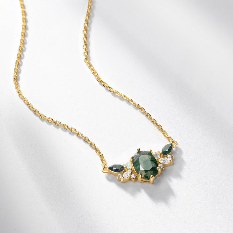 Vintage 6x8mm Oval Cut Moss Agate Neckalce Pendant Cluster Opal Jewelry