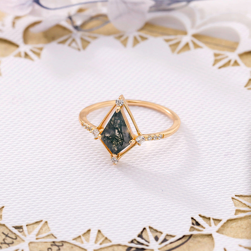 Vintage Kite Cut Moss Agate Engagement Ring Minimalist Diamond Accent Wedding Promise Ring