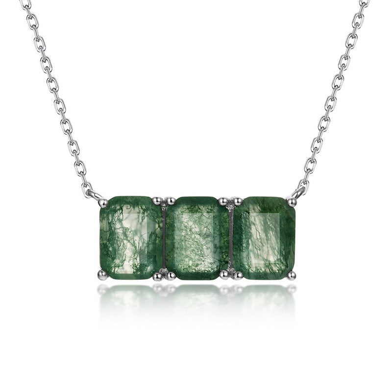 Three Stone Emerald-Cut Triple Natural Moss Agate Bar Necklace