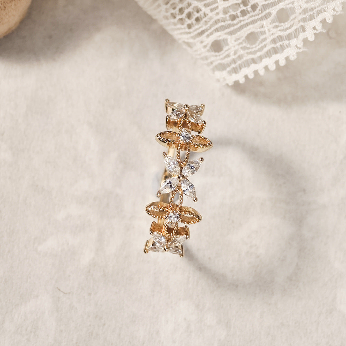 Flower Moissanite Wedding Ring, Marquise Cut Crystal Floral Stackable Ring for Women