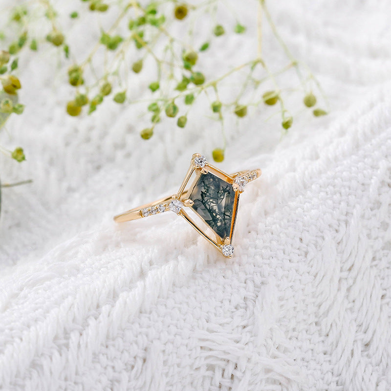 Vintage Kite Cut Moss Agate Engagement Ring Minimalist Diamond Accent Wedding Promise Ring