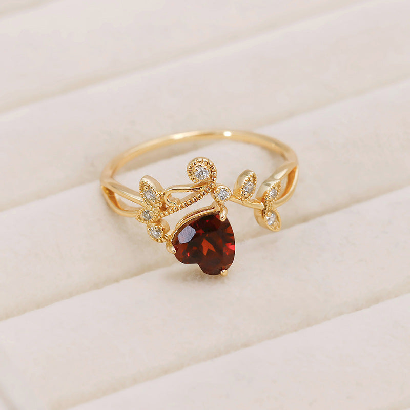 Nature Inspired Heart Garnet Engagement Ring with Leaf & Vine Accents
