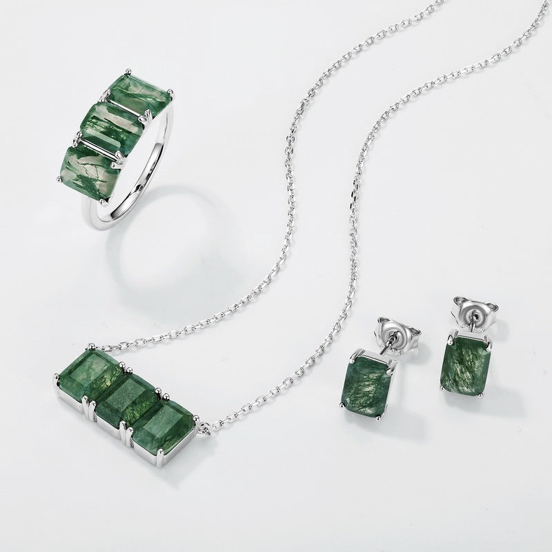 Three Stone Emerald-Cut Triple Natural Moss Agate Bar Necklace