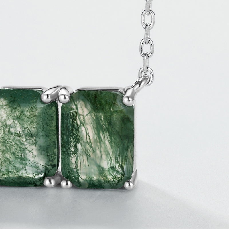 Three Stone Emerald-Cut Triple Natural Moss Agate Bar Necklace