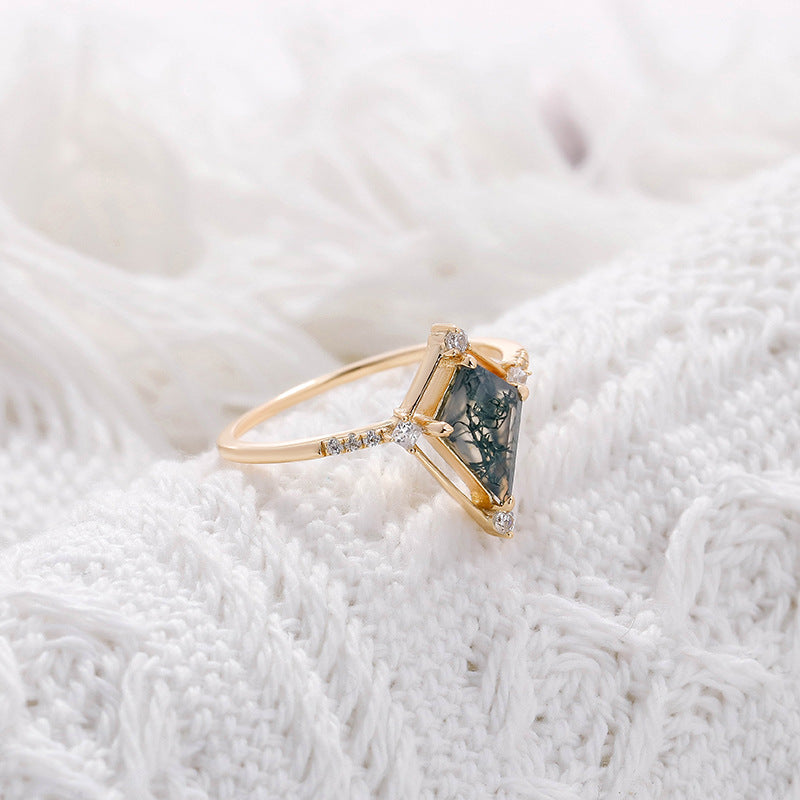 Vintage Kite Cut Moss Agate Engagement Ring Minimalist Diamond Accent Wedding Promise Ring