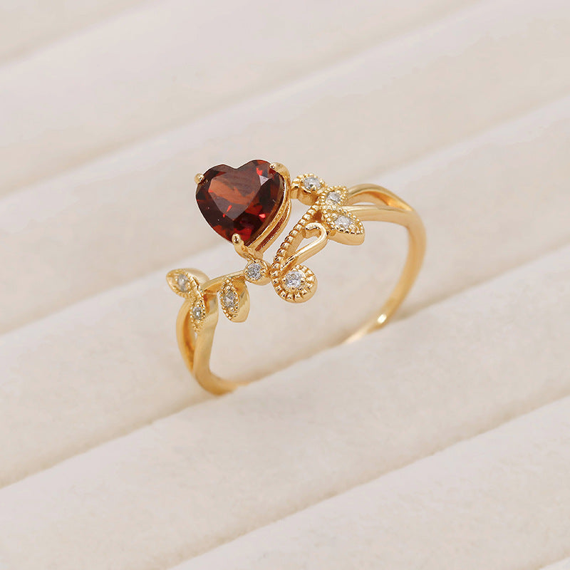 Nature Inspired Heart Garnet Engagement Ring with Leaf & Vine Accents
