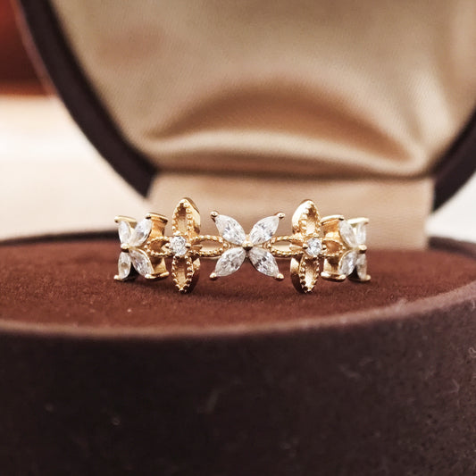 Flower Moissanite Wedding Ring, Marquise Cut Crystal Floral Stackable Ring for Women