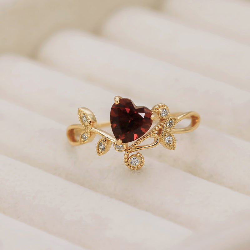 Nature Inspired Heart Garnet Engagement Ring with Leaf & Vine Accents
