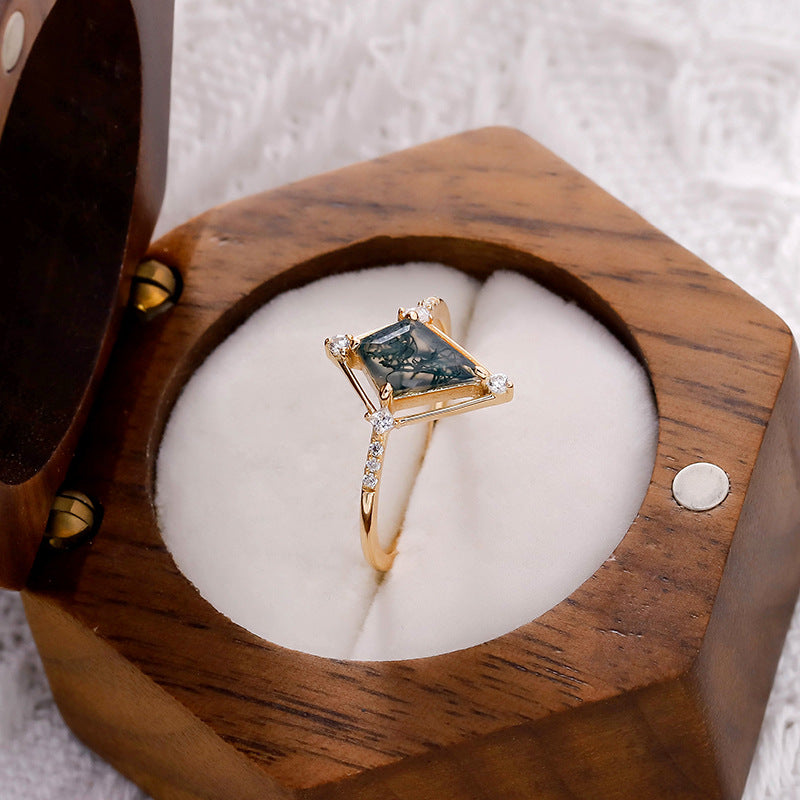 Vintage Kite Cut Moss Agate Engagement Ring Minimalist Diamond Accent Wedding Promise Ring