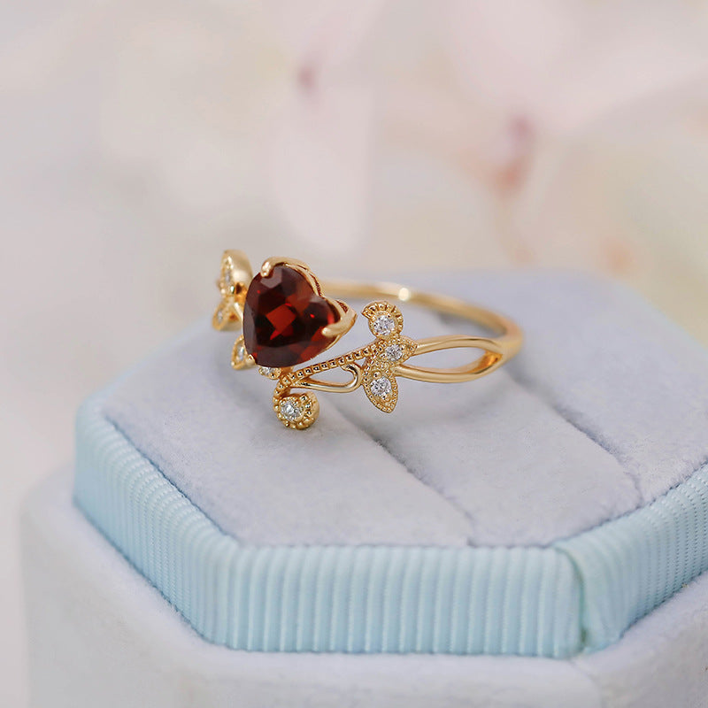 Nature Inspired Heart Garnet Engagement Ring with Leaf & Vine Accents