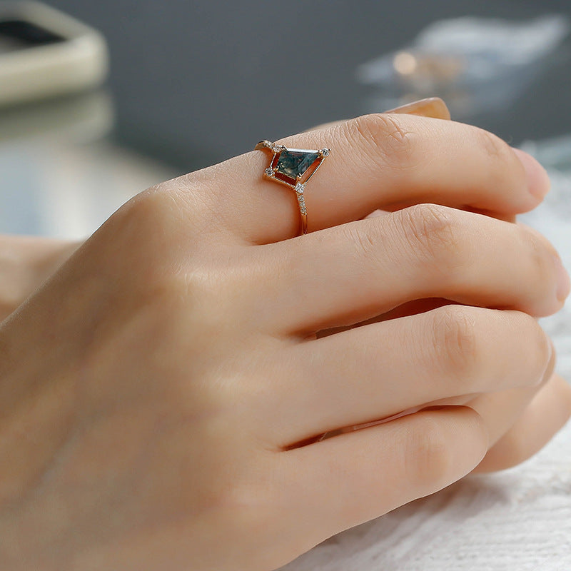 Vintage Kite Cut Moss Agate Engagement Ring Minimalist Diamond Accent Wedding Promise Ring