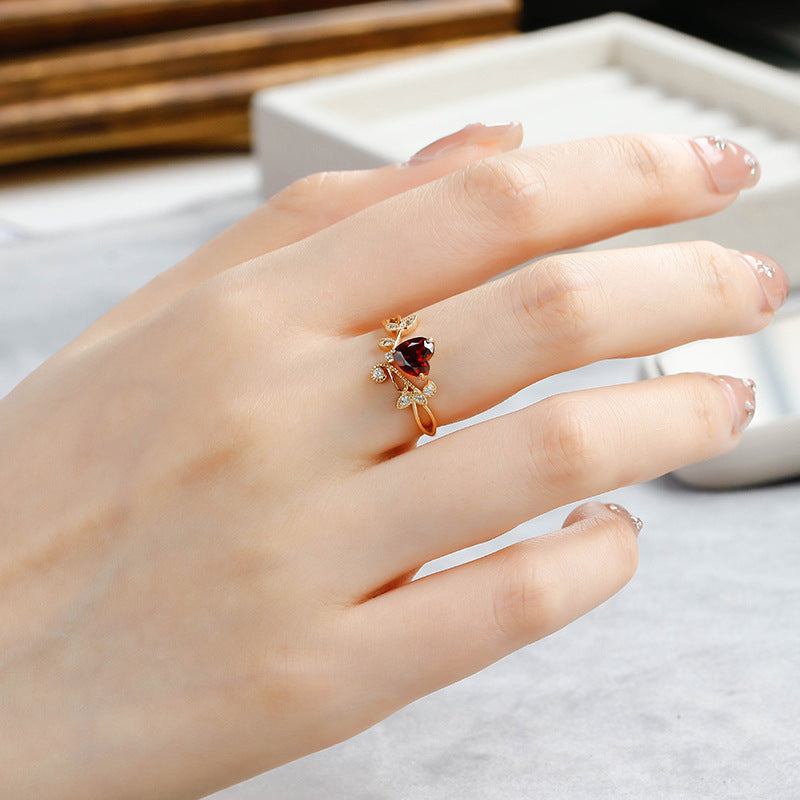 Nature Inspired Heart Garnet Engagement Ring with Leaf & Vine Accents