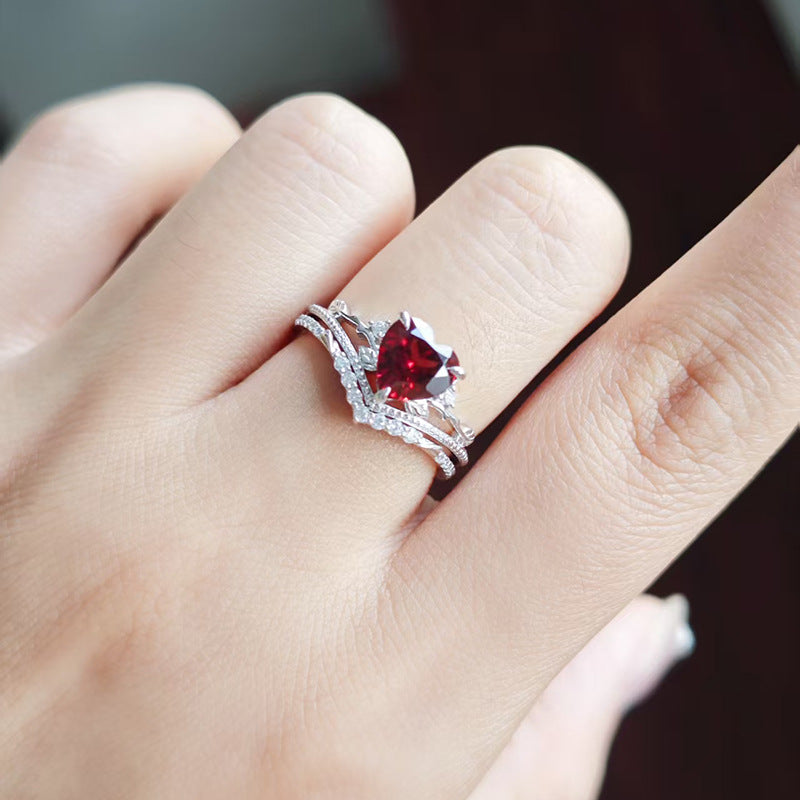 Art Deco Milgrain Heart Shaped Garnet Engagement Ring Set- leaf Vine Branch Stacking Band