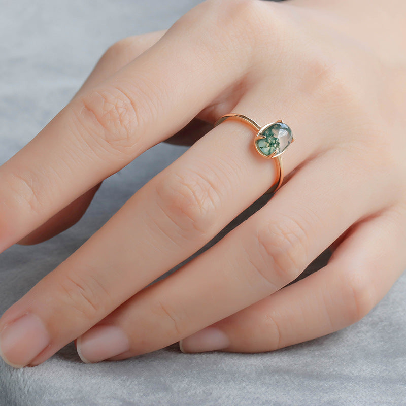 Minimalist Oval Cut Moss Agate Engagement Ring 6x8mm Dainty Promise Ring