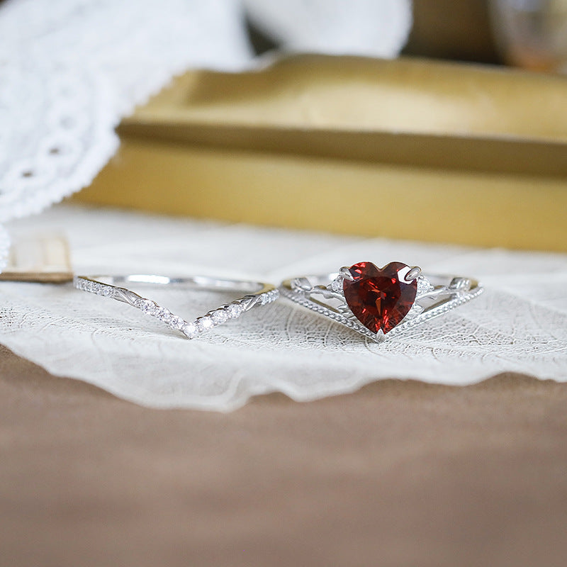 Art Deco Milgrain Heart Shaped Garnet Engagement Ring Set- leaf Vine Branch Stacking Band