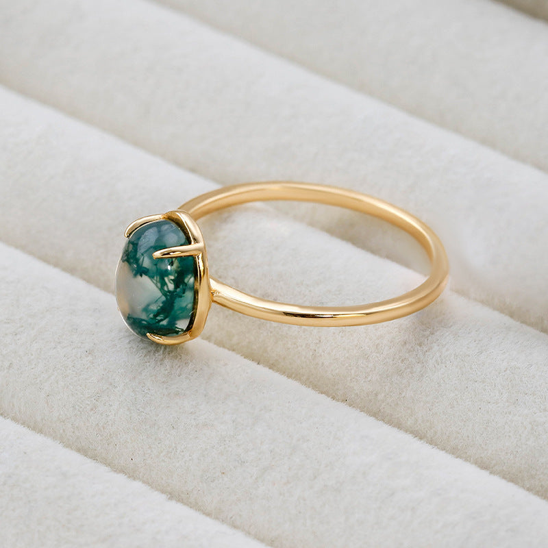 Minimalist Oval Cut Moss Agate Engagement Ring 6x8mm Dainty Promise Ring