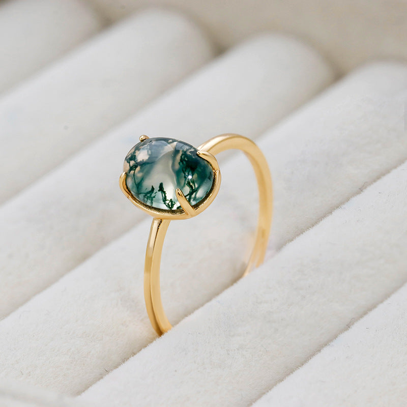Minimalist Oval Cut Moss Agate Engagement Ring 6x8mm Dainty Promise Ring