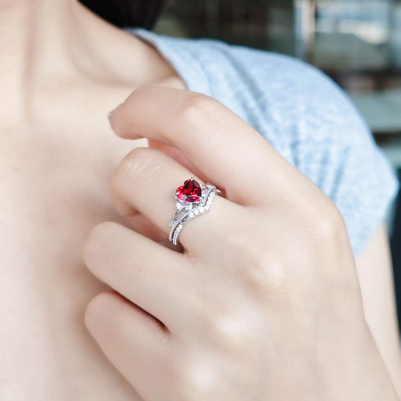 Art Deco Milgrain Heart Shaped Garnet Engagement Ring Set- leaf Vine Branch Stacking Band