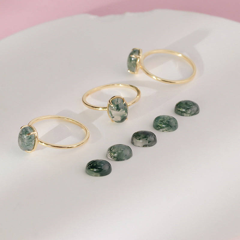 Minimalist Oval Cut Moss Agate Engagement Ring 6x8mm Dainty Promise Ring