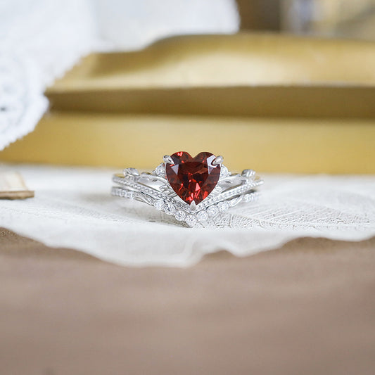 Art Deco Milgrain Heart Shaped Garnet Engagement Ring Set- leaf Vine Branch Stacking Band