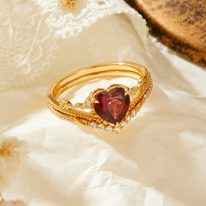 Art Deco Milgrain Heart Shaped Garnet Engagement Ring Set- leaf Vine Branch Stacking Band
