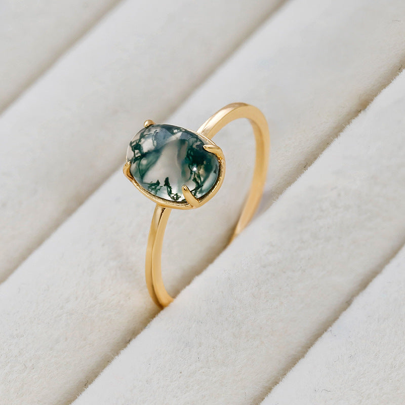 Minimalist Oval Cut Moss Agate Engagement Ring 6x8mm Dainty Promise Ring