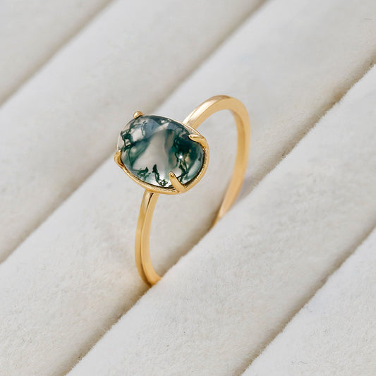 Minimalist Oval Cut Moss Agate Engagement Ring 6x8mm Dainty Promise Ring