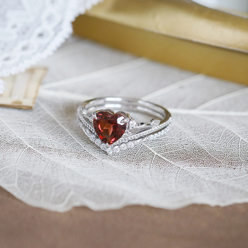Art Deco Milgrain Heart Shaped Garnet Engagement Ring Set- leaf Vine Branch Stacking Band