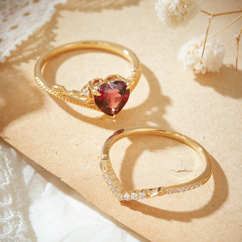Art Deco Milgrain Heart Shaped Garnet Engagement Ring Set- leaf Vine Branch Stacking Band