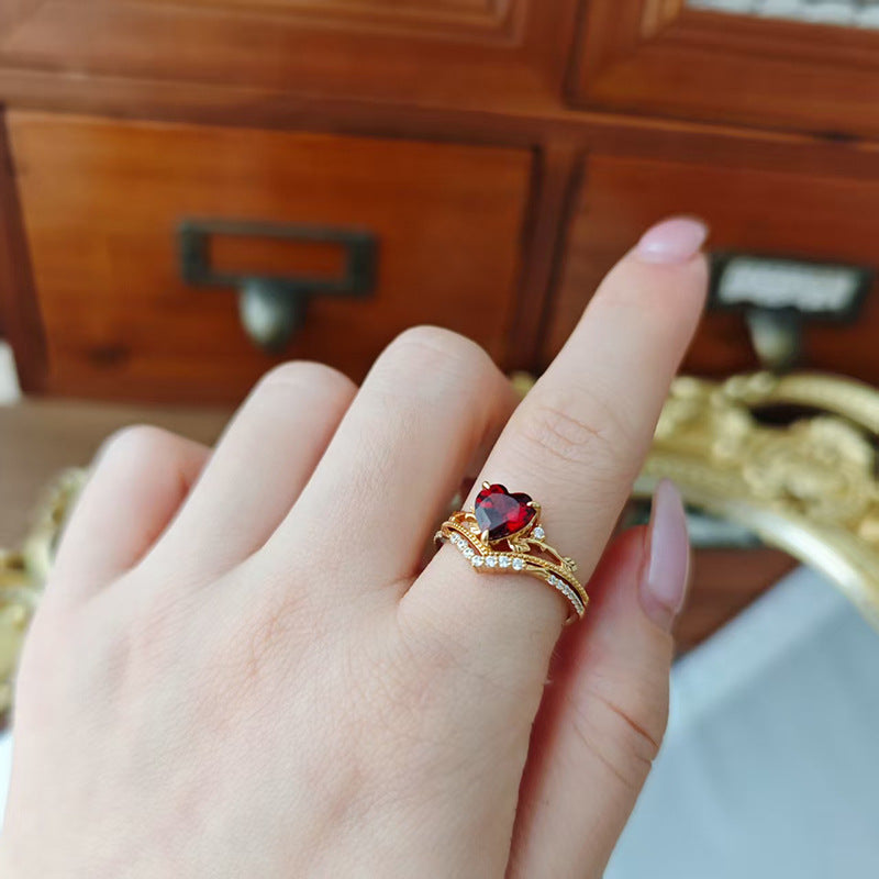 Art Deco Milgrain Heart Shaped Garnet Engagement Ring Set- leaf Vine Branch Stacking Band