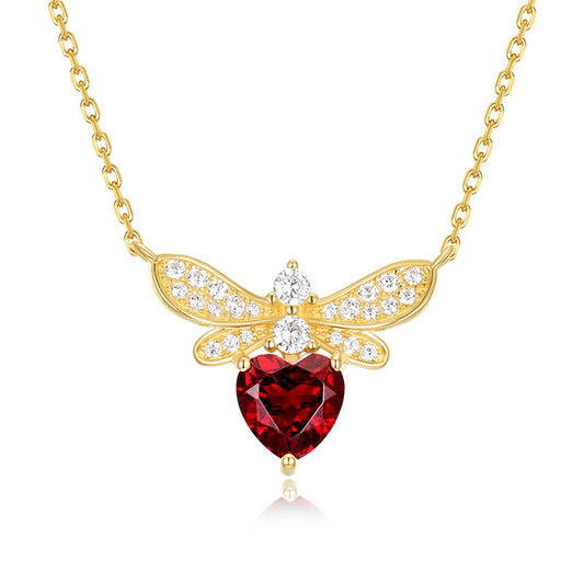 7mm Heart Shaped Garnet Pendant January Birthstone Necklace, Natural Red Garnet Bee Pendant Necklace