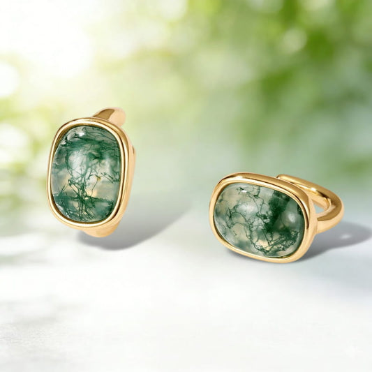 The Verdant Glade | Oval Moss Agate Bezel Stud Earrings