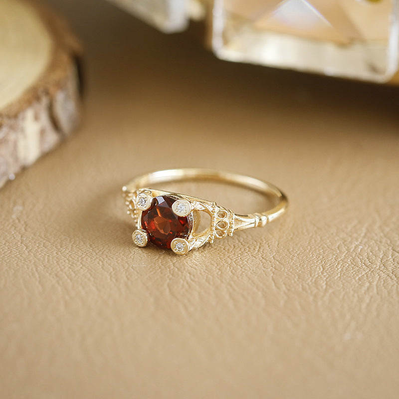 Vintage Round Garnet Four-Prong Halo Engagement Ring Filigree Milgrain Band