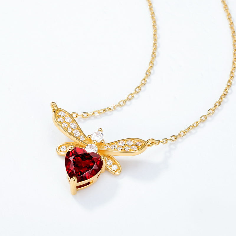 7mm Heart Shaped Garnet Pendant January Birthstone Necklace, Natural Red Garnet Bee Pendant Necklace