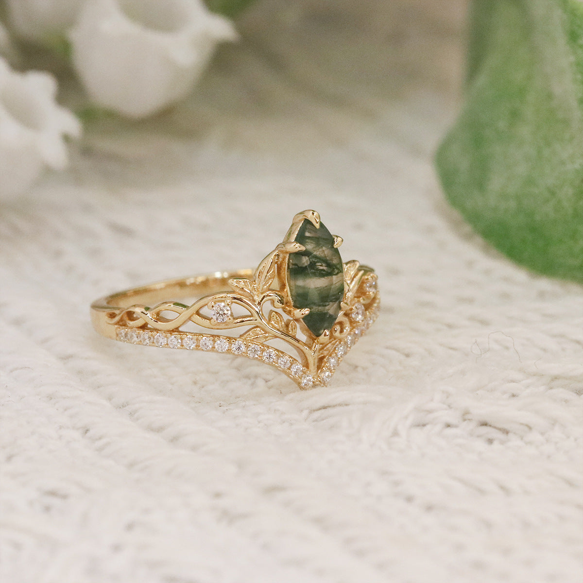 Marquise Cut Natural Moss Agate Crown Engagement Ring Leaf Vine Moissanite Accent Promise Wedding Ring For Women