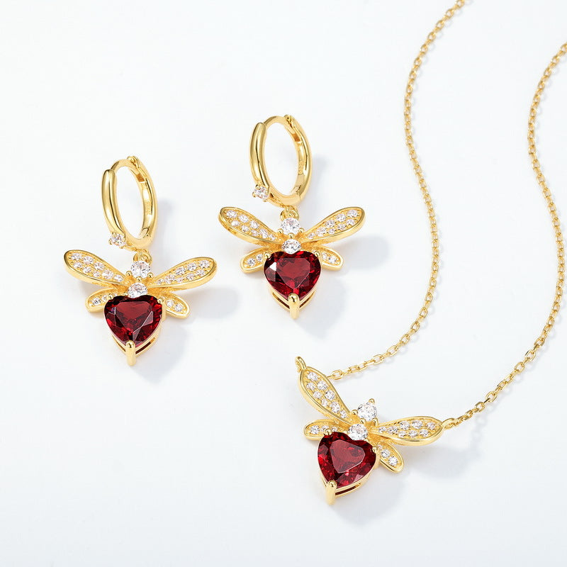 7mm Heart Shaped Garnet Pendant January Birthstone Necklace, Natural Red Garnet Bee Pendant Necklace