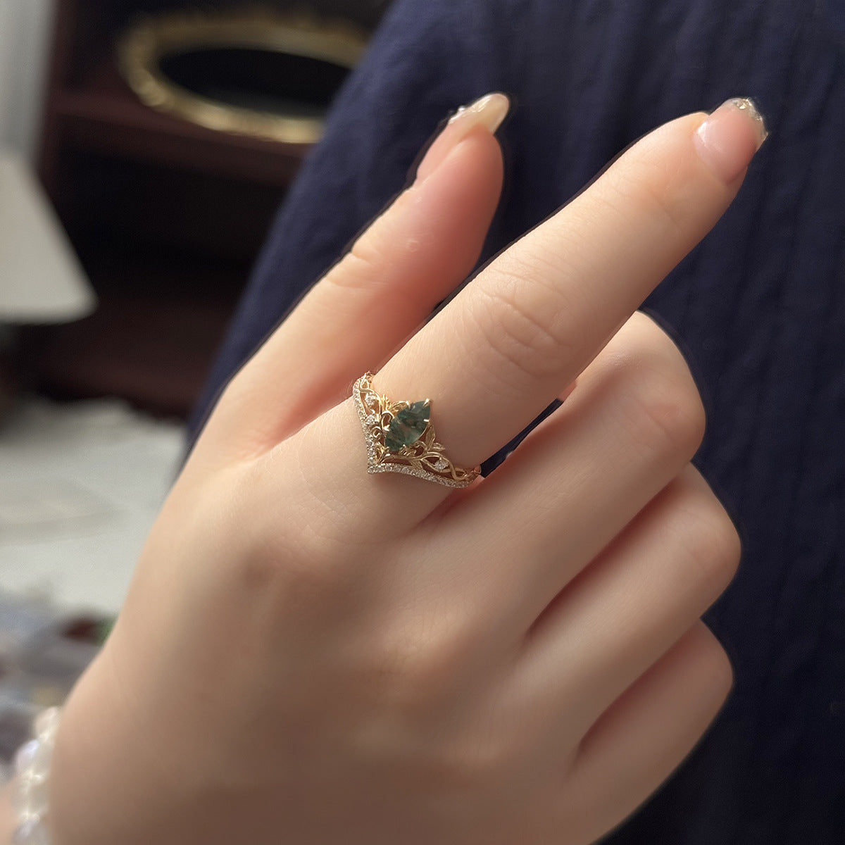 Marquise Cut Natural Moss Agate Crown Engagement Ring Leaf Vine Moissanite Accent Promise Wedding Ring For Women