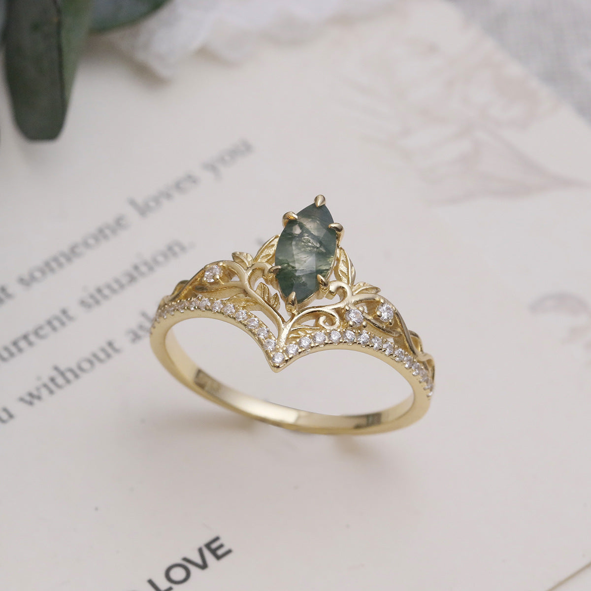 Marquise Cut Natural Moss Agate Crown Engagement Ring Leaf Vine Moissanite Accent Promise Wedding Ring For Women