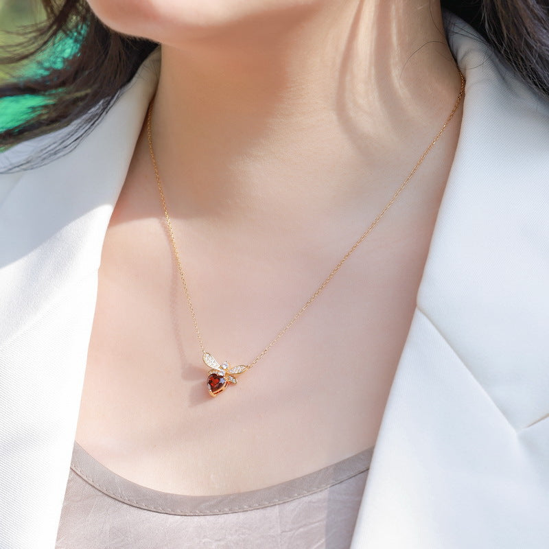 7mm Heart Shaped Garnet Pendant January Birthstone Necklace, Natural Red Garnet Bee Pendant Necklace
