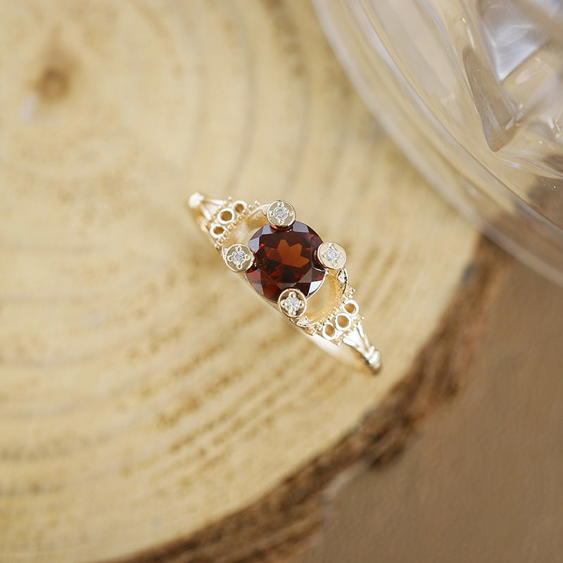 Vintage Round Garnet Four-Prong Halo Engagement Ring Filigree Milgrain Band