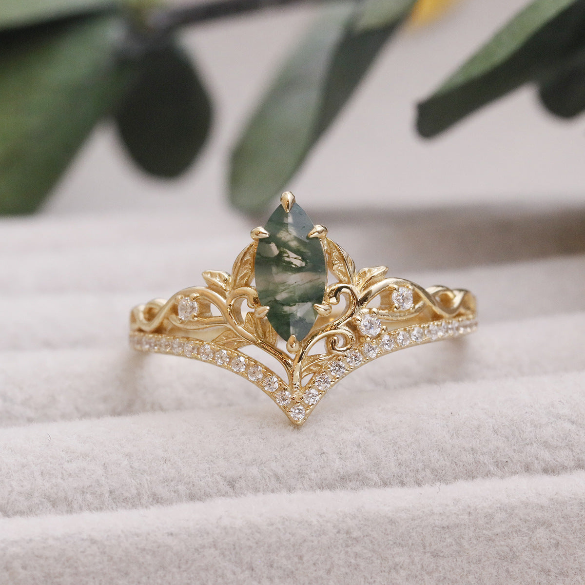 Marquise Cut Natural Moss Agate Crown Engagement Ring Leaf Vine Moissanite Accent Promise Wedding Ring For Women
