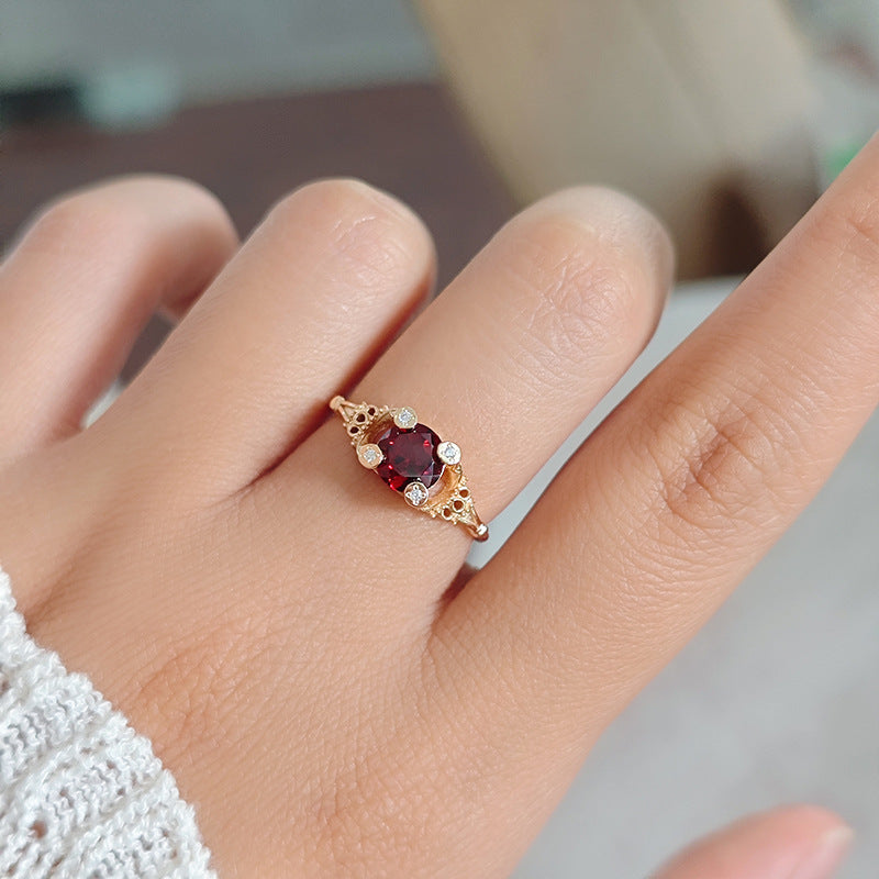 Vintage Round Garnet Four-Prong Halo Engagement Ring Filigree Milgrain Band