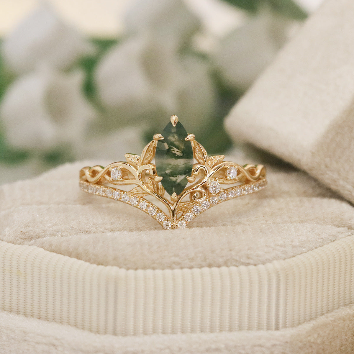 Marquise Cut Natural Moss Agate Crown Engagement Ring Leaf Vine Moissanite Accent Promise Wedding Ring For Women