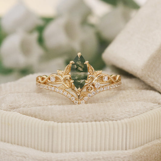 Marquise Cut Natural Moss Agate Crown Engagement Ring Leaf Vine Moissanite Accent Promise Wedding Ring For Women