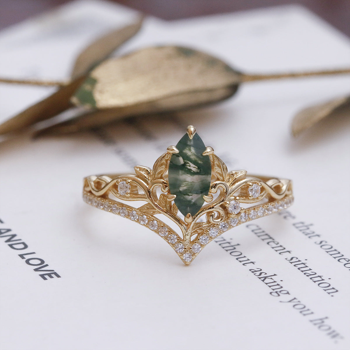 Marquise Cut Natural Moss Agate Crown Engagement Ring Leaf Vine Moissanite Accent Promise Wedding Ring For Women