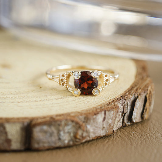 Vintage Round Garnet Four-Prong Halo Engagement Ring Filigree Milgrain Band