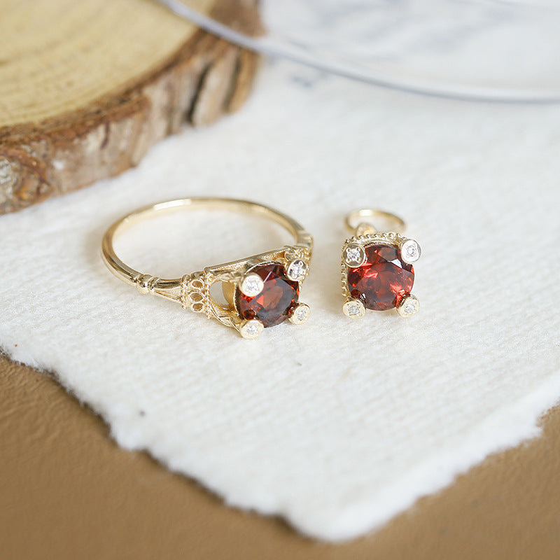 Vintage Round Garnet Four-Prong Halo Engagement Ring Filigree Milgrain Band