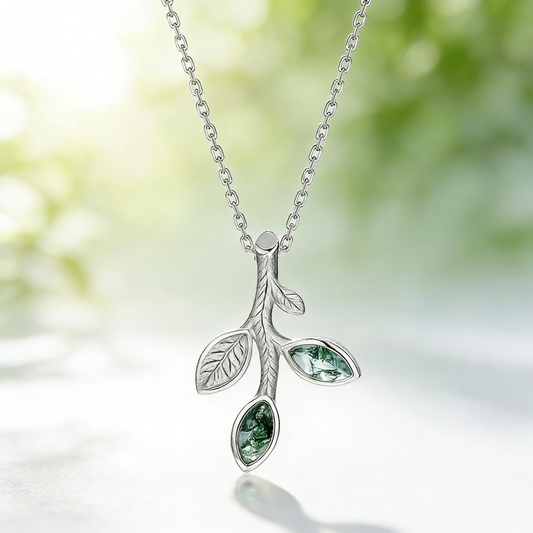 Moss Agate Leaf Branch Forest Necklace
